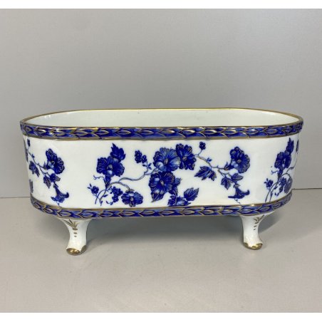 VASO VASCA JARDINIERE ALZATA 4 PIEDI PORCELLANA BIANCA DECORO BLU ORO ZECCHINO