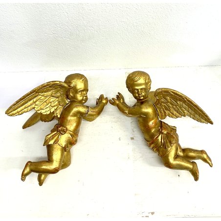 ANTICA COPPIA ANGIOLETTO PUTTO LEGNO SCOLPITO GESSATO FOGLIA ORO 36 cm/h XVIII