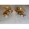 ANTICA COPPIA ANGIOLETTO PUTTO LEGNO SCOLPITO GESSATO FOGLIA ORO 36 cm/h XVIII