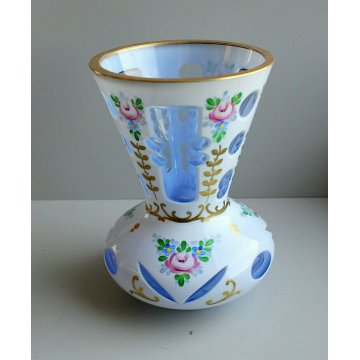  ANTICO VASO CRISTALLO DI BOHEMIA OVERLAY ACQUA MARINA OPALINO MOLATO MOSER '900