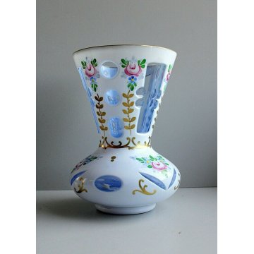  ANTICO VASO CRISTALLO DI BOHEMIA OVERLAY ACQUA MARINA OPALINO MOLATO MOSER '900