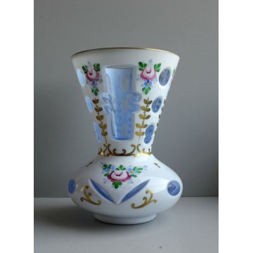  ANTICO VASO CRISTALLO DI BOHEMIA OVERLAY ACQUA MARINA OPALINO MOLATO MOSER '900