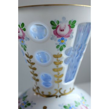  ANTICO VASO CRISTALLO DI BOHEMIA OVERLAY ACQUA MARINA OPALINO MOLATO MOSER '900