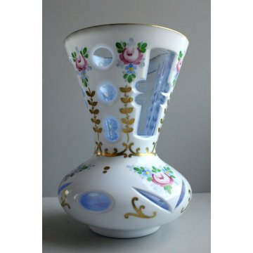  ANTICO VASO CRISTALLO DI BOHEMIA OVERLAY ACQUA MARINA OPALINO MOLATO MOSER '900