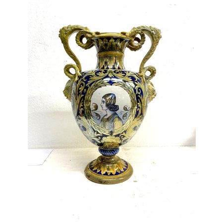 GRANDE VASO BIANSATO MAIOLICA LUSTRO B. Robbia DECORO DAMA CAVALIERE 46 cm/h '40