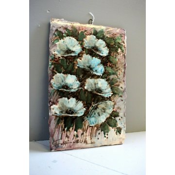 FORMELLA MAIOLICA FIRMATA DIPINTA ANEMONI BLU PAINTING POTTERY FLOWERS ALBISOLA 