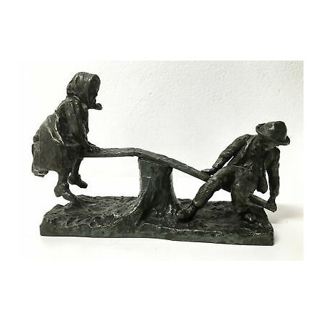 SCULTURA BAMBINI SUL DONDOLO METALLO BRONZATO STATUA EPOCA SEE SAW SCULPTURE