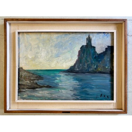 GRANDE QUADRO OLIO G. Lier? PAESAGGIO MARINA GOLFO PROMONTORIO ARCHITETTURA '900