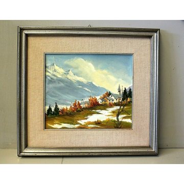 ANTICO QUADRO OLIO TELA PAESAGGIO MONTANO PAESE MONTAGNE NEVE 1979