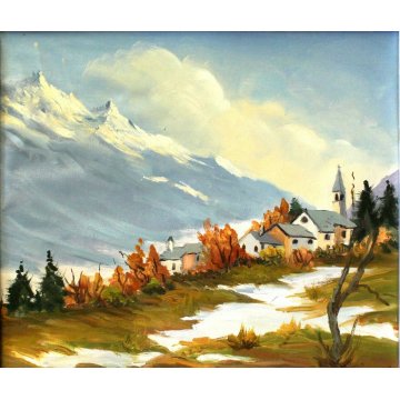 ANTICO QUADRO OLIO TELA PAESAGGIO MONTANO PAESE MONTAGNE NEVE 1979