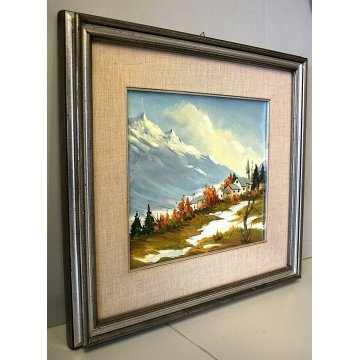 ANTICO QUADRO OLIO TELA PAESAGGIO MONTANO PAESE MONTAGNE NEVE 1979