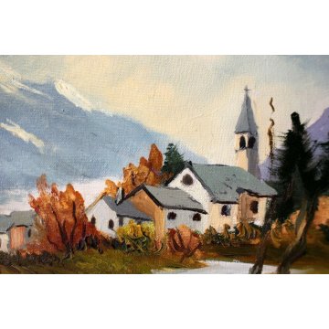 ANTICO QUADRO OLIO TELA PAESAGGIO MONTANO PAESE MONTAGNE NEVE 1979