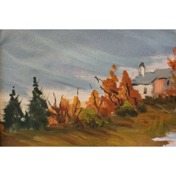 ANTICO QUADRO OLIO TELA PAESAGGIO MONTANO PAESE MONTAGNE NEVE 1979
