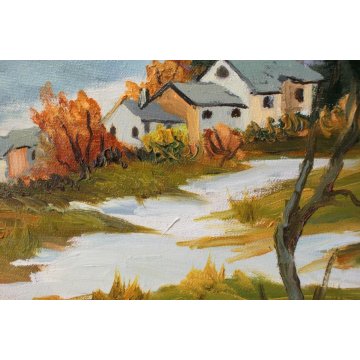 ANTICO QUADRO OLIO TELA PAESAGGIO MONTANO PAESE MONTAGNE NEVE 1979