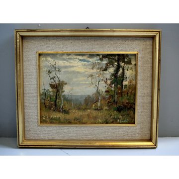 ANTICO QUADRO OLIO Artino Giroldi PAESAGGIO BOSCO COLLINE INVORIO LAGO MAGGIORE