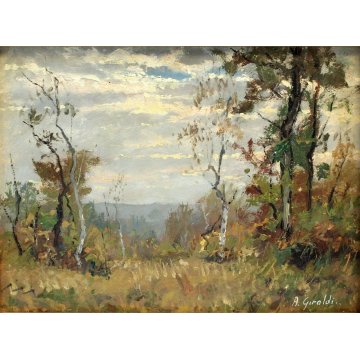 ANTICO QUADRO OLIO Artino Giroldi PAESAGGIO BOSCO COLLINE INVORIO LAGO MAGGIORE