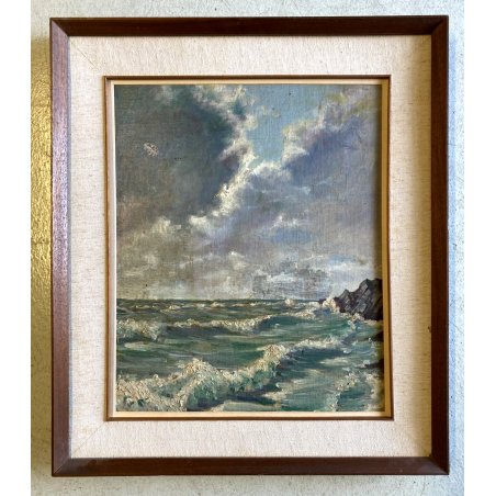 ANTICO QUADRO OLIO CARTONE Sandro Barioli PAESAGGIO MARINA MARE GROSSO SCOGLIERA