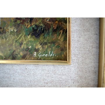 ANTICO QUADRO OLIO Artino Giroldi PAESAGGIO BOSCO COLLINE INVORIO LAGO MAGGIORE