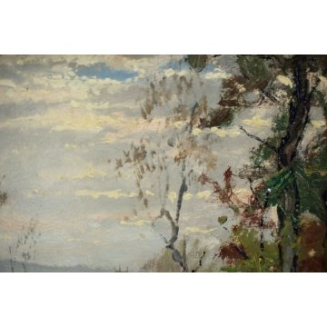 ANTICO QUADRO OLIO Artino Giroldi PAESAGGIO BOSCO COLLINE INVORIO LAGO MAGGIORE