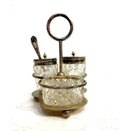 VINTAGE SET MENAGE CONDIMENTO TAVOLA vetro MOLATO METALLO SILVERPLATED ANNI '40