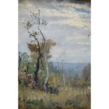 ANTICO QUADRO OLIO Artino Giroldi PAESAGGIO BOSCO COLLINE INVORIO LAGO MAGGIORE