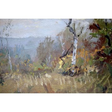 ANTICO QUADRO OLIO Artino Giroldi PAESAGGIO BOSCO COLLINE INVORIO LAGO MAGGIORE