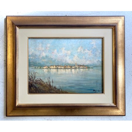 QUADRO DIPINTO OLIO TELA Muj 67 PAESAGGIO LAGO MAGGIORE Isola Pescatori PANORAMA