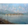 QUADRO DIPINTO OLIO TELA Muj 67 PAESAGGIO LAGO MAGGIORE Isola Pescatori PANORAMA