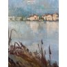 QUADRO DIPINTO OLIO TELA Muj 67 PAESAGGIO LAGO MAGGIORE Isola Pescatori PANORAMA