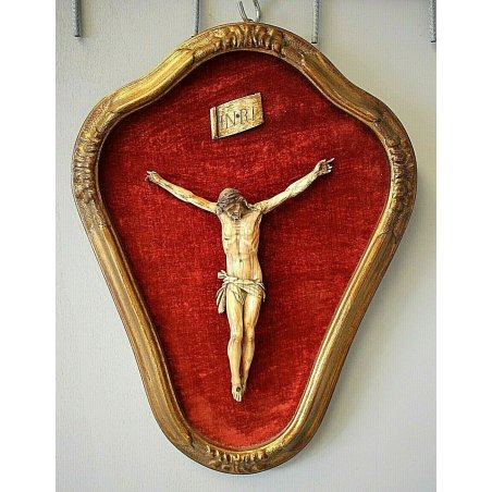 ANTICO QUADRO SCULTURA RELIGIOSO GESU' CRISTO CROCIFISSO CORNICE ORO VELLUTO