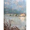QUADRO DIPINTO OLIO TELA Muj 67 PAESAGGIO LAGO MAGGIORE Isola Pescatori PANORAMA