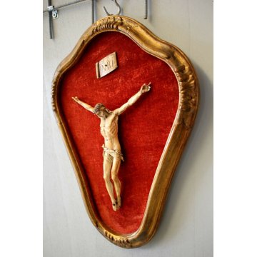 ANTICO QUADRO SCULTURA RELIGIOSO GESU' CRISTO CROCIFISSO CORNICE ORO VELLUTO