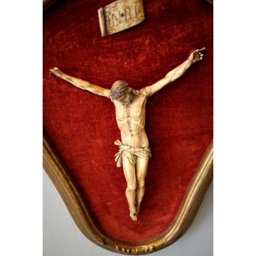 ANTICO QUADRO SCULTURA RELIGIOSO GESU' CRISTO CROCIFISSO CORNICE ORO VELLUTO
