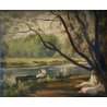 QUADRO DIPINTO OLIO TAVOLETTA Michele De Simone PAESAGGIO LAGO PARCO con FIGURE