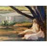 QUADRO DIPINTO OLIO TAVOLETTA Michele De Simone PAESAGGIO LAGO PARCO con FIGURE