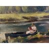 QUADRO DIPINTO OLIO TAVOLETTA Michele De Simone PAESAGGIO LAGO PARCO con FIGURE