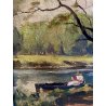 QUADRO DIPINTO OLIO TAVOLETTA Michele De Simone PAESAGGIO LAGO PARCO con FIGURE