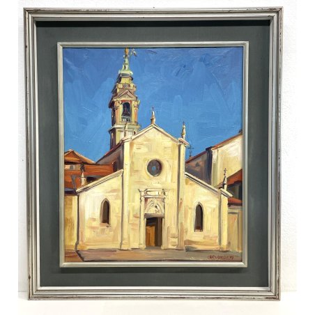 QUADRO DIPINTO Carlo Monti  FACCIATA CHIESA COLLEGIATA ARONA LAGO MAGGIORE