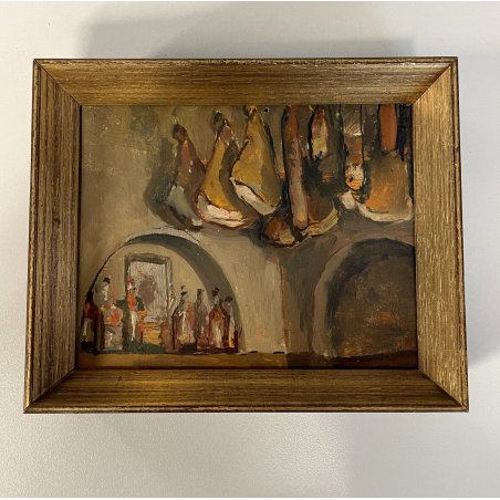 piccolo quadro dipinto '900 MINIATURA bottega MACELLERIA CANTINA salumi LIQUORI