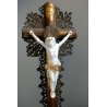 ANTICO CROCIFISSO DA TAVOLO LEGNO GESU' CRISTO PORCELLANA BISCUIT RELIGIOSO '800