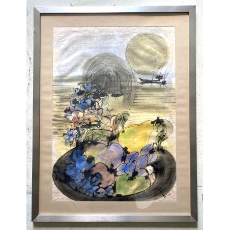 DISEGNO ACQUERELLO A. Lunardi ASTRATTO MARINA SOLE BARCA FIGURA FRUTTI FIORI