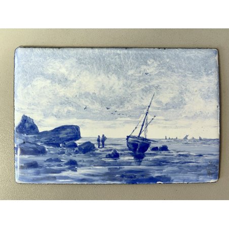 ANTICO DIPINTO MINIATURA LASTRA SMALTATA PAESAGGIO MARINA FIGURE BARCA TONI BLU