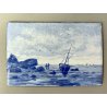 ANTICO DIPINTO MINIATURA LASTRA SMALTATA PAESAGGIO MARINA FIGURE BARCA TONI BLU
