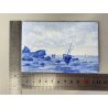 ANTICO DIPINTO MINIATURA LASTRA SMALTATA PAESAGGIO MARINA FIGURE BARCA TONI BLU