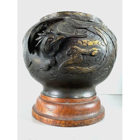 ANTICO VASO CACHE POT BRONZO PATINA DECORO RILIEVO FENICE INDOCINA ø 19,5cm '20