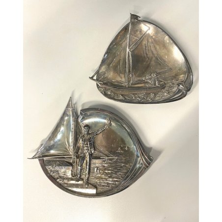 ANTICA COPPIA VASSOIO PORTA CARTE WMF Art Nouveau SILVER PLATED SAILING BOAT 900