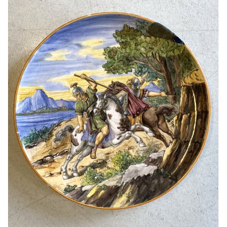 GRANDE PIATTO PARATA MAIOLICA S.A.C.A. 327 ISTORIATO SCENA STORIA ROMANA ø 45cm