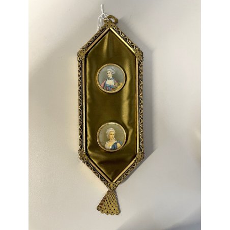 antica COPPIA MINIATURE TONDE con CORNICE ESAGONALE dorata DONNE NOBILI '900