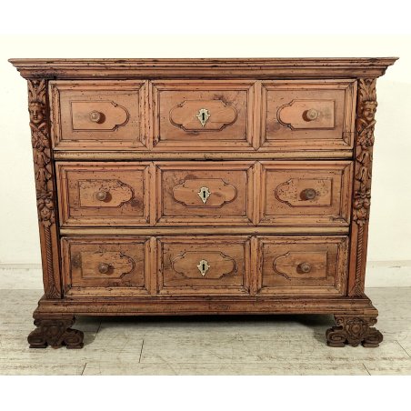 ANTICO COMO GENOVESE a Bambocci 1600 legno noce CASSETTONE FORMELLE 3 cassetti