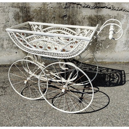 RARA ANTICA CARROZZINA epoca 800 FERRO BATTUTO Culla Midollino BIANCO passeggino